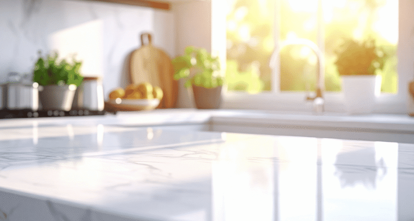 White marble-look kitchen countertop in morning light