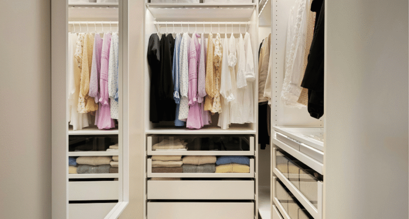 White walk-in closet with open shelving, hanging rods and pull-out drawers