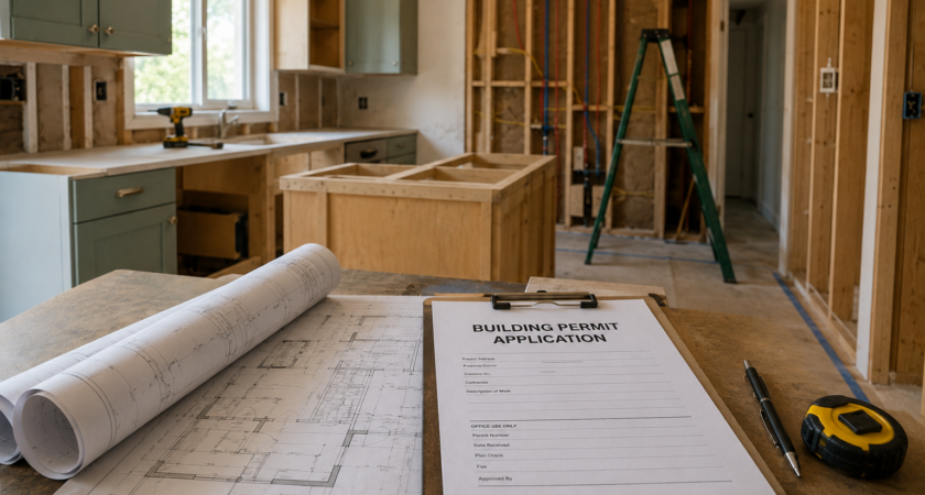 Building permit application and floor plans in a kitchen under construction
