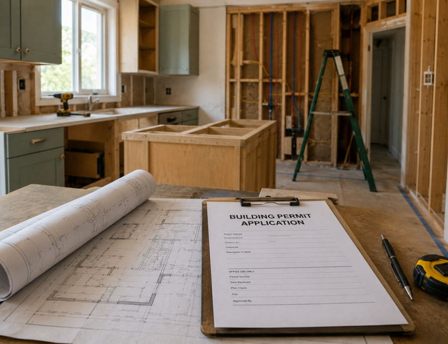 Building permit application and floor plans in a kitchen under construction