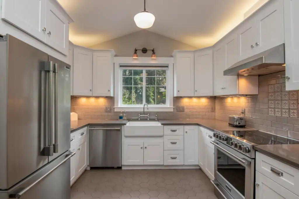 Custom kitchen cabinets in a Bellevue home with white shaker doors