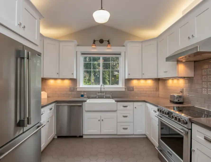 Custom kitchen cabinets in a Bellevue home with white shaker doors