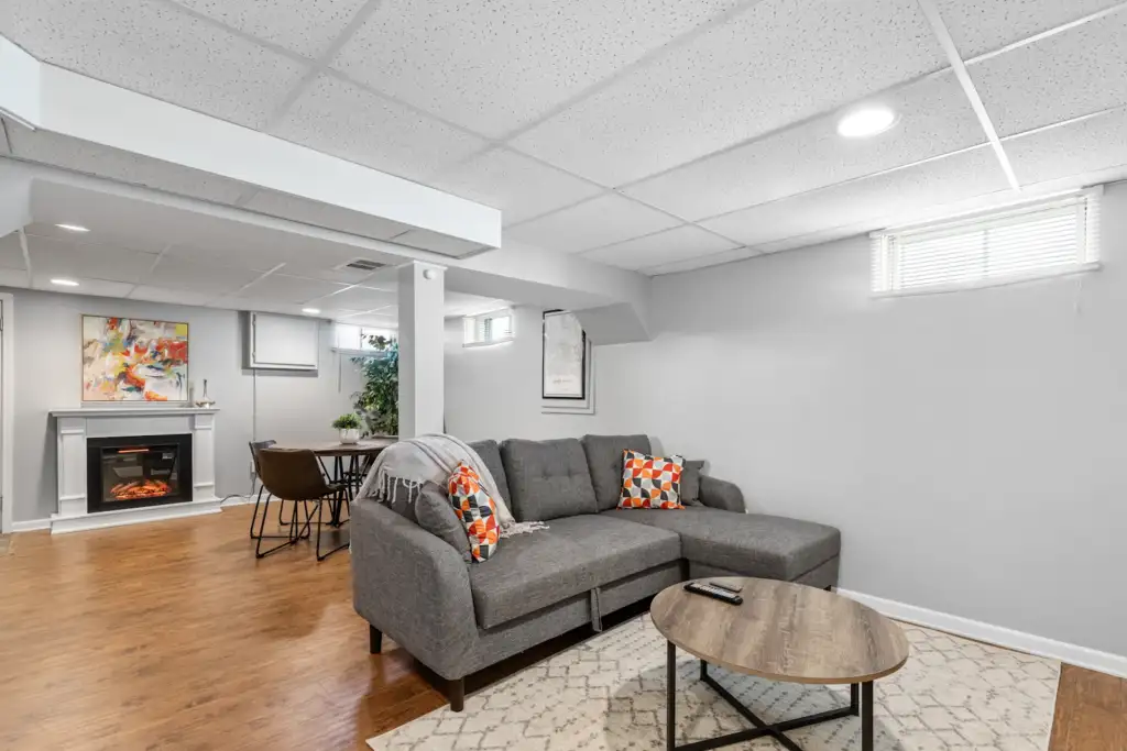 Home remodeling ideas for older Bellevue homes: updated living room with modern fireplace